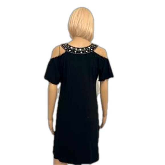 Boston Proper Cold Shoulder Gem Embellished Mini Dress Black Silver and … - Picture 2 of 3